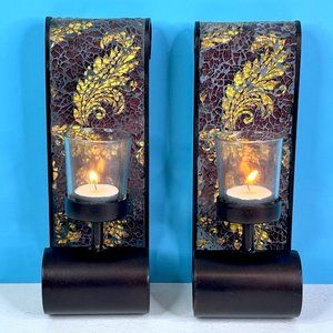Vintage Elements Cracked Glass‎ Mosaic Art Pair Wall Sconce Candle Holders 9.5"
